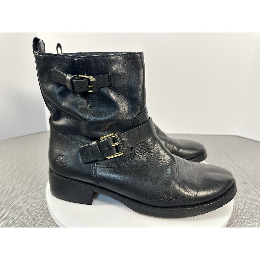 Tory Burch Bennie BLACK Leather Buckled Biker Ankle Boots size 9 Vibram Soles